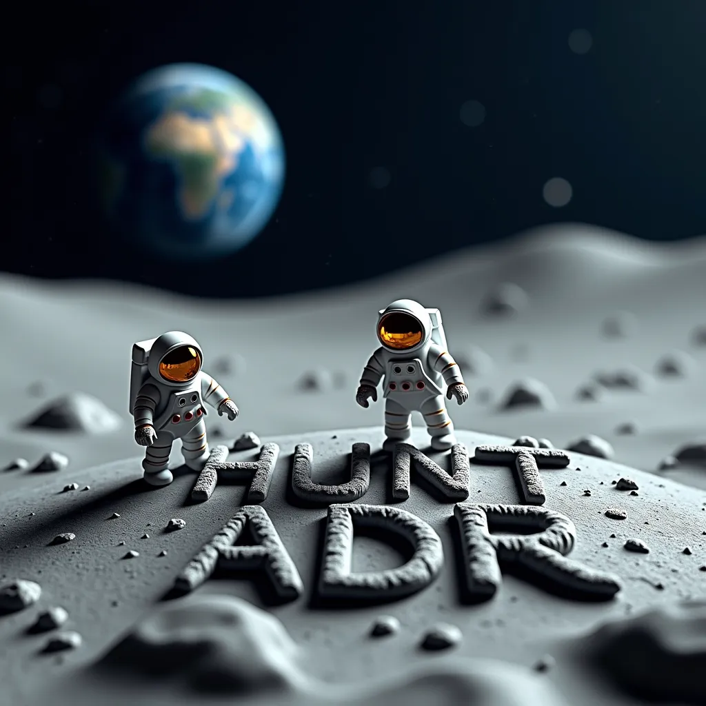 Two astronauts on the moon with Hunt ADR written in rocks and the earth in the background