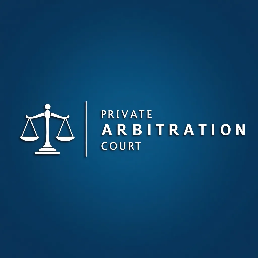 Branding shows The Private Arbitration Court with scales of justice and blue colours