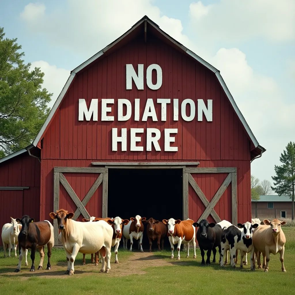 Image of a barn with cattle and the words no mediation here