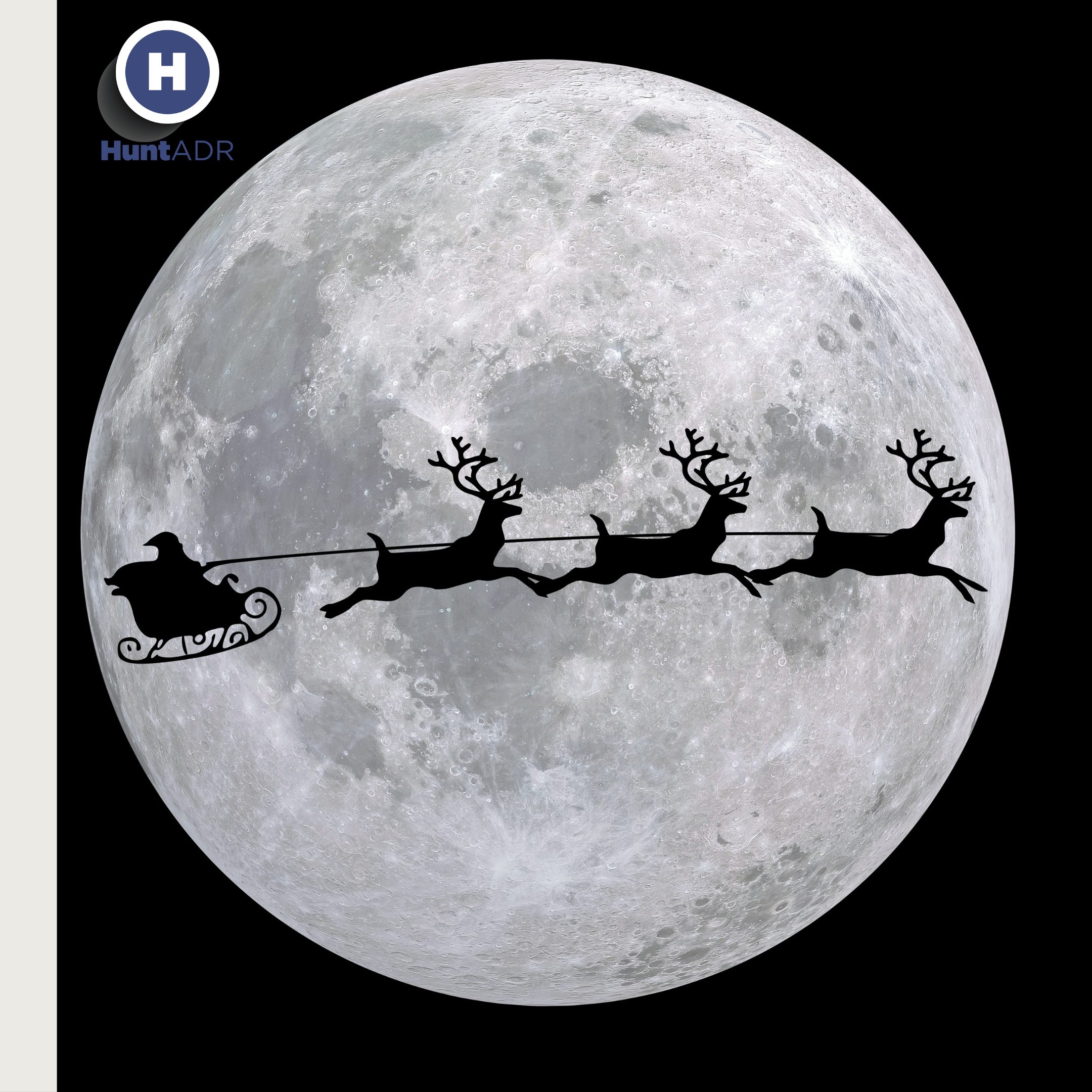 Father Christmas on his sleigh with reindeers silhoutte crossing the moon