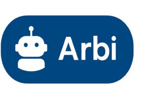 Blue button featuring a white robot icon and the word 'Arbi' in bold white text, representing the Private Arbitration Court Assistant.