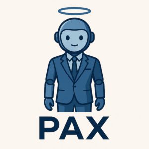Blue button featuring a white robot icon and the word 'PAX' in bold blue text, representing the Private Arbitration Court Assistant.