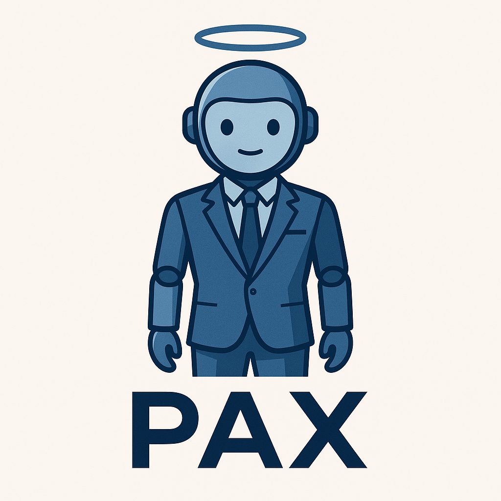 Blue button featuring a white robot icon and the word 'PAX' in bold blue text, representing the Private Arbitration Court Assistant.