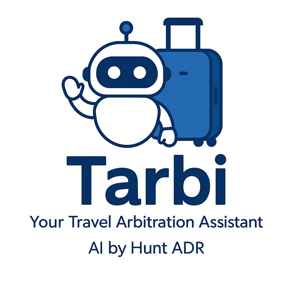 Tarbi – Hunt ADR’s Travel Arbitration Assistant robot character with luggage