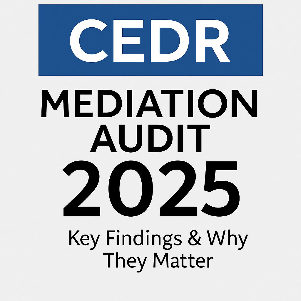 Cover of the CEDR Mediation Audit 2025 report, featuring a bold blue header with the word CEDR, and large black text reading ‘Mediation Audit 2025 – Key Findings & Why They Matter’ on a white background.