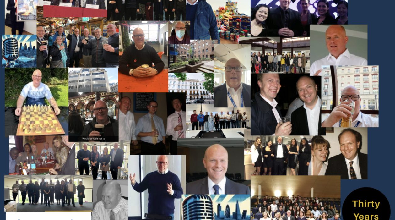 A photo collage spanning 30 years of Gregory Hunt's career in Alternative Dispute Resolution, featuring milestones from his time at CIArb and CEDR to founding Hunt ADR, speaking events, podcast recordings, and personal moments between 1995 and 2025,