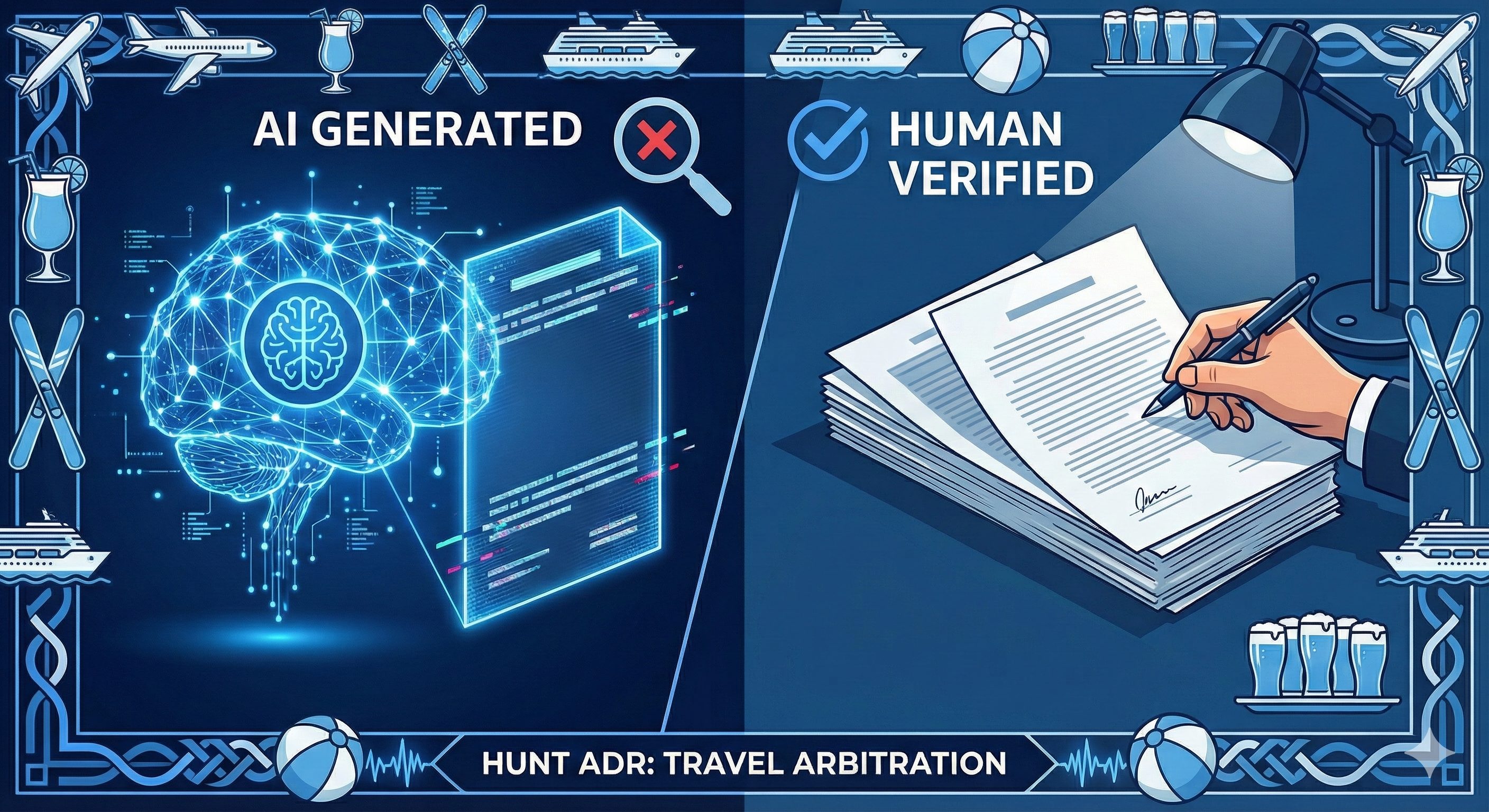 A split-screen illustration for Hunt ADR Travel Arbitration. The left side, labelled "AI GENERATED," shows a glowing digital brain and abstract data. The right side, labelled "HUMAN VERIFIED," depicts a human hand reviewing paper documents with a pen under a desk lamp. The image is framed by a Hunt ADR blue border featuring travel icons including an airplane, cruise ship, skis, beach ball, and cocktails.