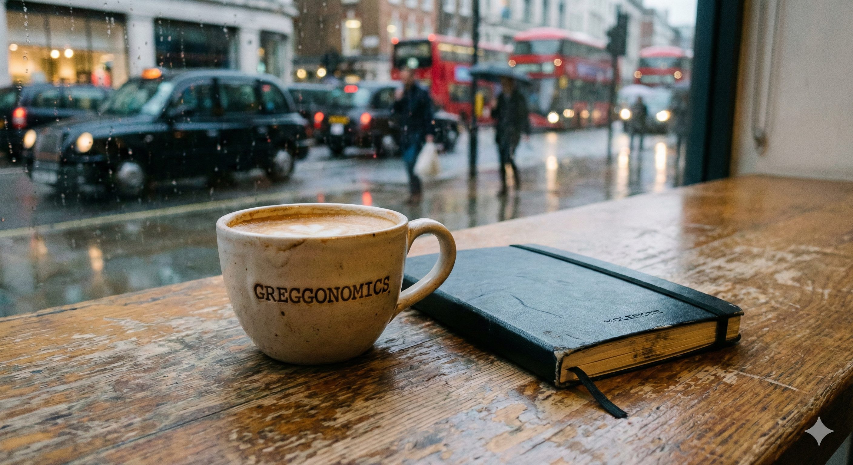 A ceramic coffee cup with 'GREGGONOMICS' text sitting on a wooden table next to a notebook, referencing the 'skinny' edition of the newsletter.