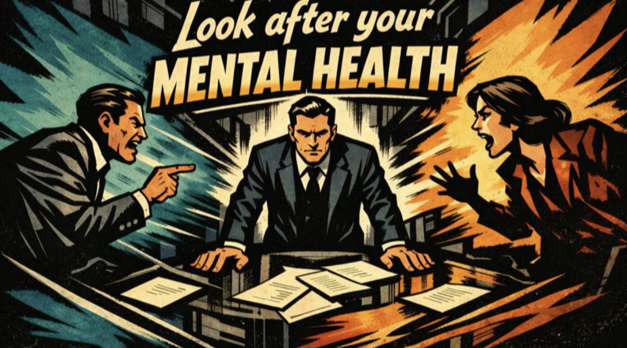 llustration of two people in a heated dispute across a desk with a mediator in the centre, titled Look After Your Mental Health. Highlights the physical toll of conflict.