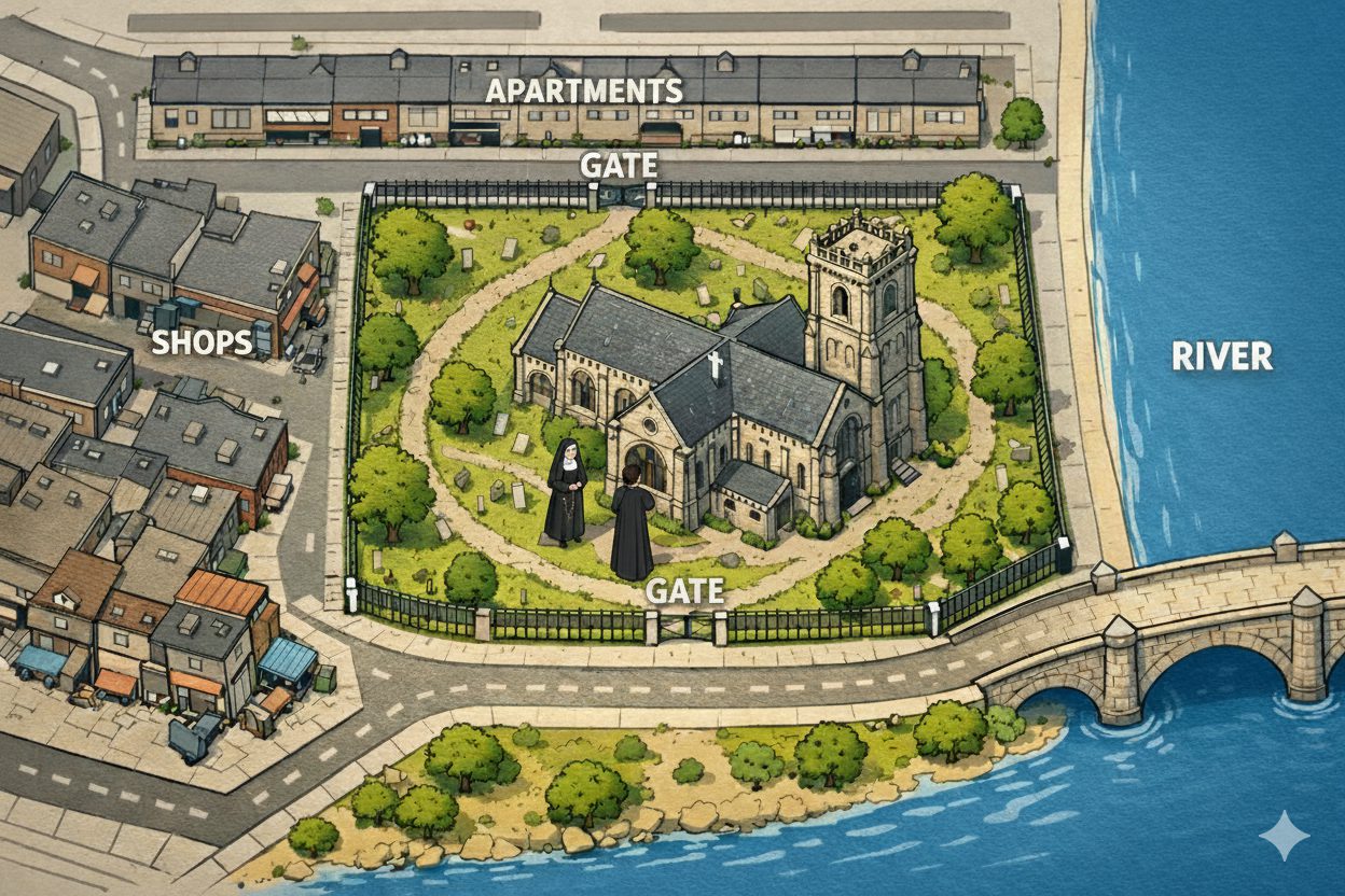 Illustrated map showing church grounds, cut through and access routes in mediation case study about creative dispute resolution