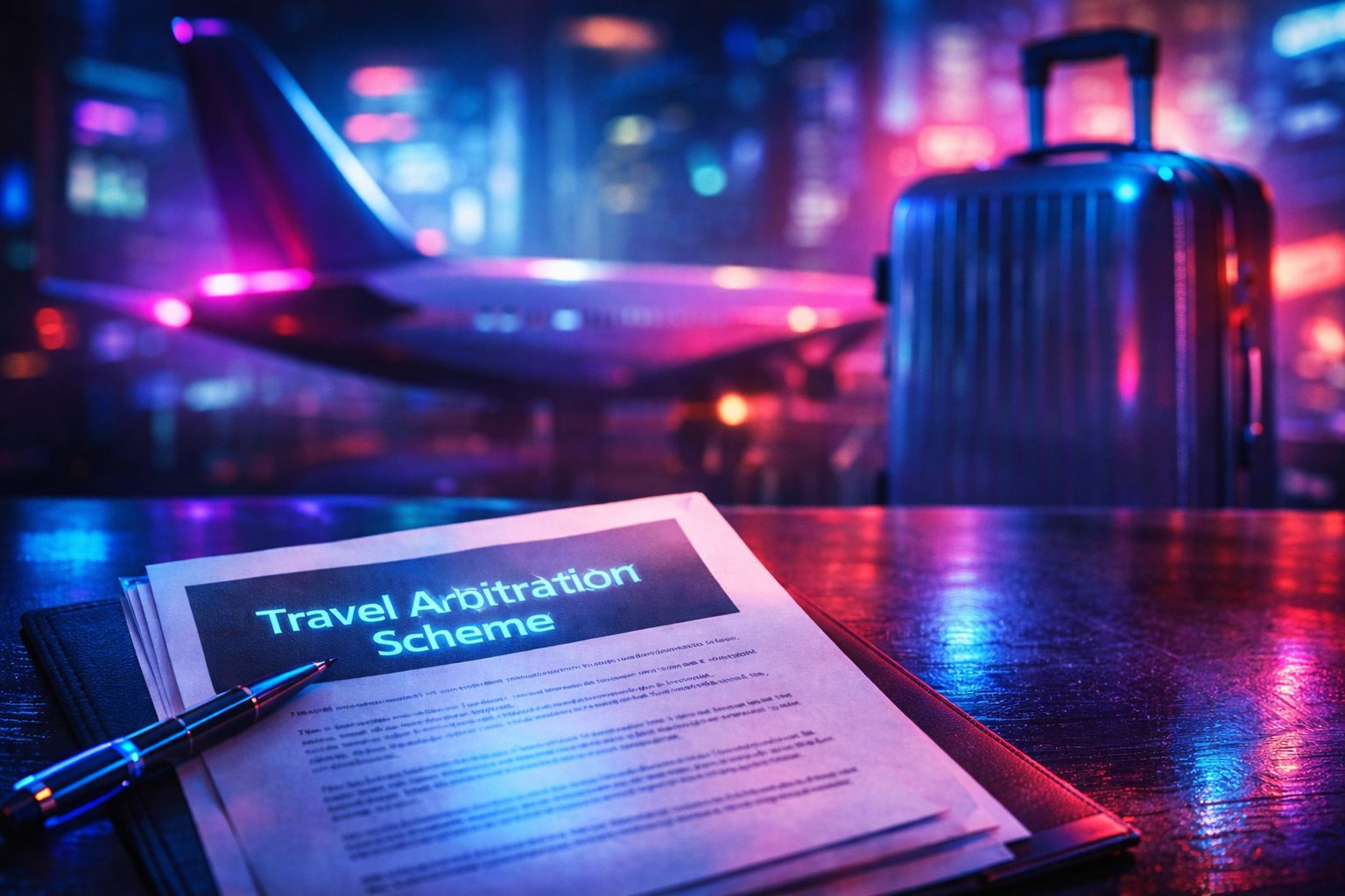 Cyberpunk-style image of a Travel Arbitration Scheme contract with suitcase and airplane silhouette, symbolising binding travel arbitration and court support.