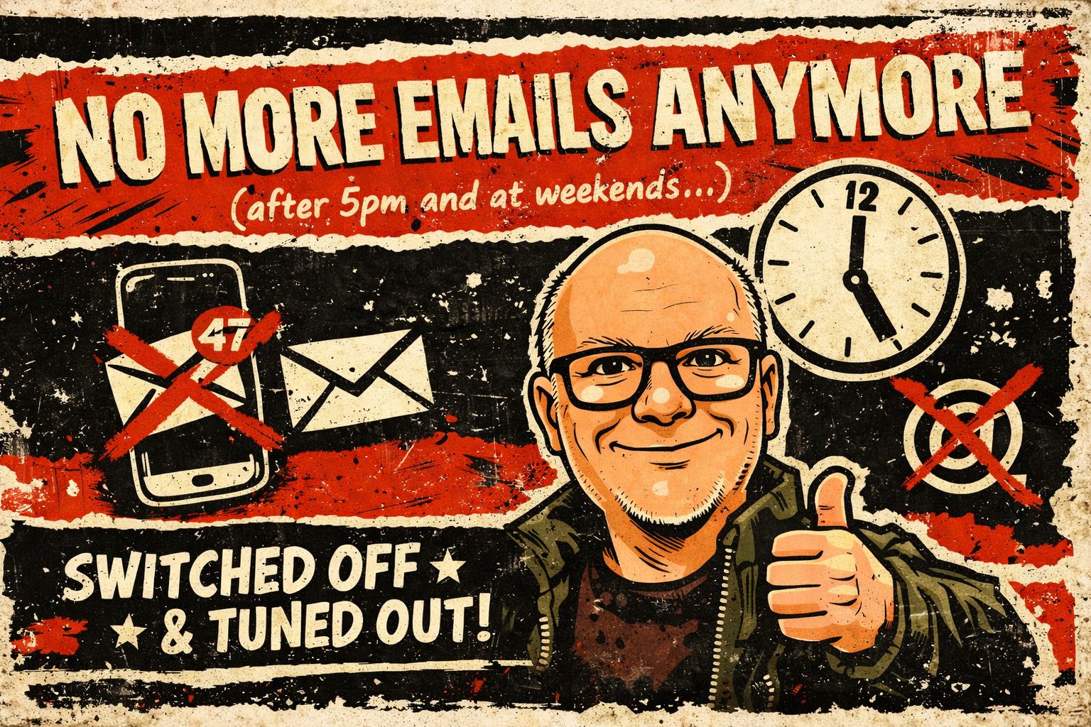 Cartoon illustration of Gregory Hunt with punk-style poster reading “No More Emails Anymore” symbolising switching off work email after 5pm and at weekends.