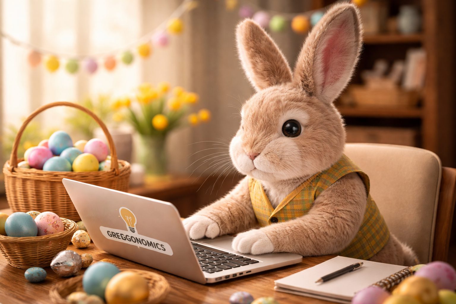 Easter bunny using a laptop symbolising short email communication and clarity